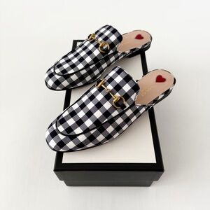 GUCCI | Black & White Gingham Check Princetown Horsebit Mules Loafers Flats 38.5